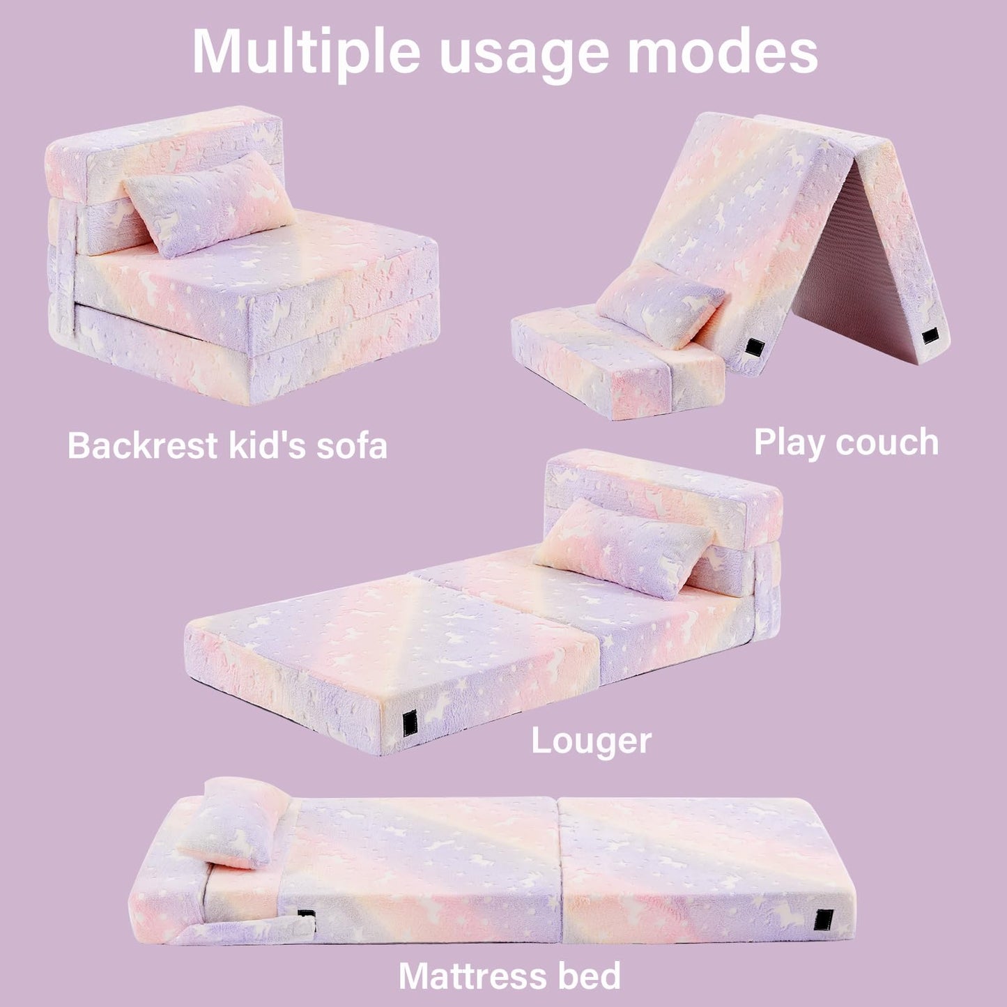 Givjoy Folding Sofa Bed Floor Mattress for Kids with Pillow, Toddler Washable Folding Floor Nap Mat Futon, Child Fold Up Sofa Chair Bed with Storage Bag for Girls and Boys