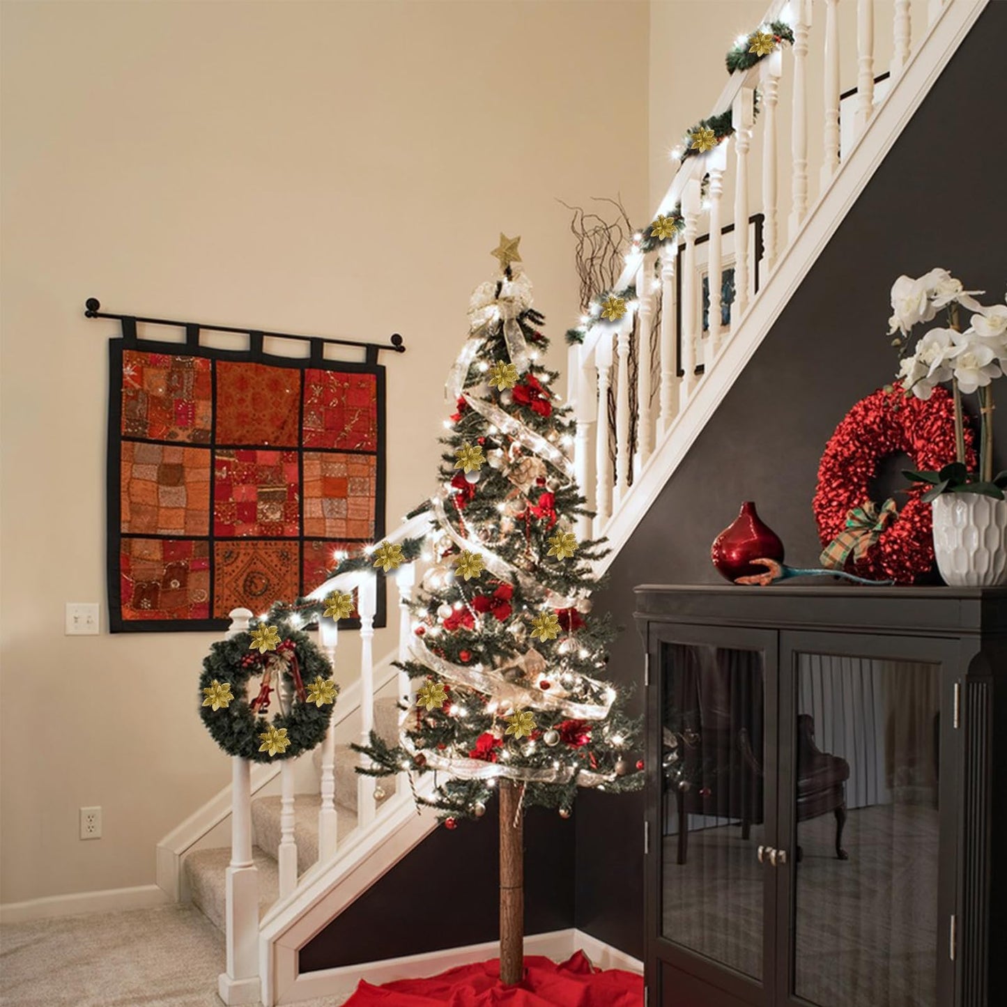 yuagolle Christmas Artificial Poinsettia Flowers: 12pcs Gold Poinsettia with Clips Silk Glitter Picks Fake Floral, for Decorations, Xmas Tree Decor, Wreath Garland Bulk, Wedding, New Year Ornaments