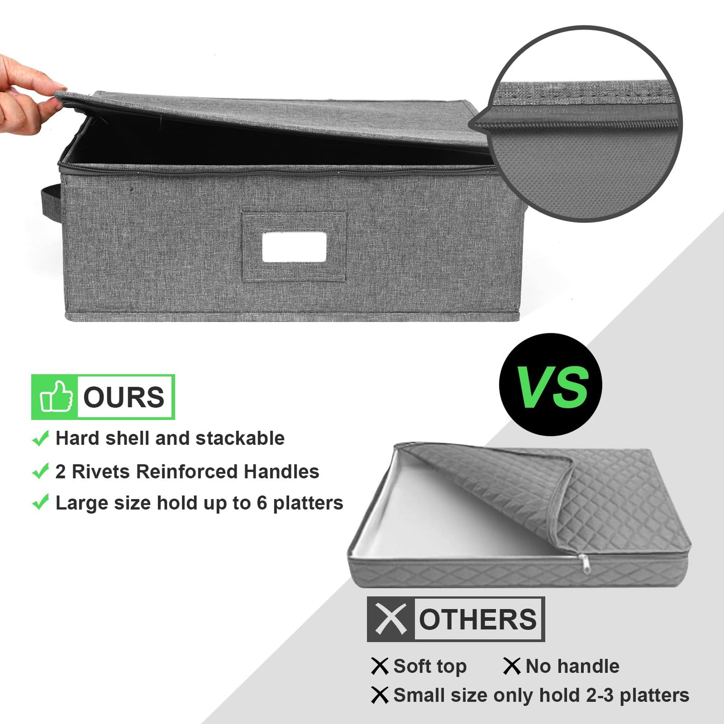 Platter Storage Case, China Storage Containers Hard Shell 17" x 13" x 6", 5 Felt Dividers Included, Structured Top and Stackable (Linen Grey)