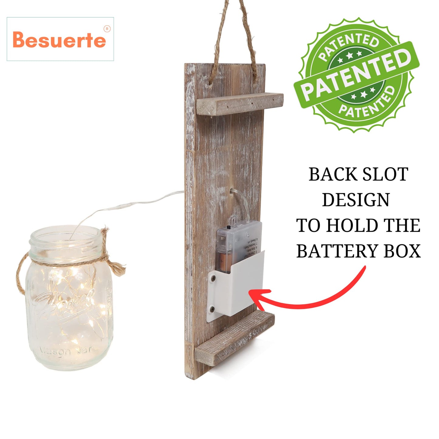 Besuerte Mason Jar Wall Decor Set of 2, Farmhouse Decor Living Room, Country Inspirational Rustic Hanging Accent Wall Decor with Remote Fairy Light & Pink Hydrangea Flowers(Medium,Rustic Brown)