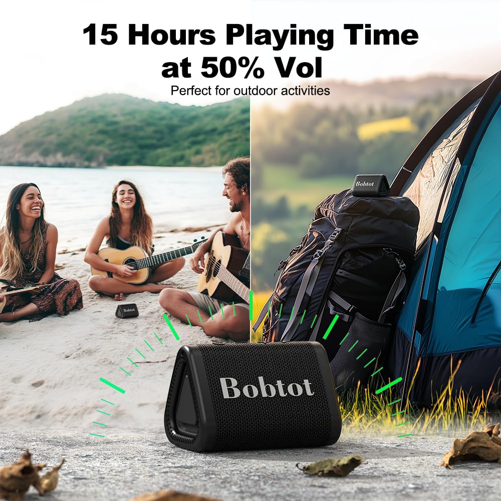 Bobtot Portable Bluetooth Speaker Wireless, IPX7 Small Shower Speaker Waterproof, 15H Playing Time, Loud and Stereo Sound with Bass, TWS Pairing for Party, Camping, Travel, Black