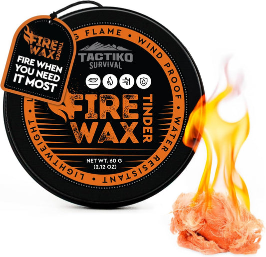 Tactiko Fire Wax - Burns Up to 5 Minutes, 50 Uses, 60g - Perfect for Wet Wood - Compact, Water & Wind Resistant - Camping Gear, Survival Kit, Hikers, Emergency Use - U.S. Company