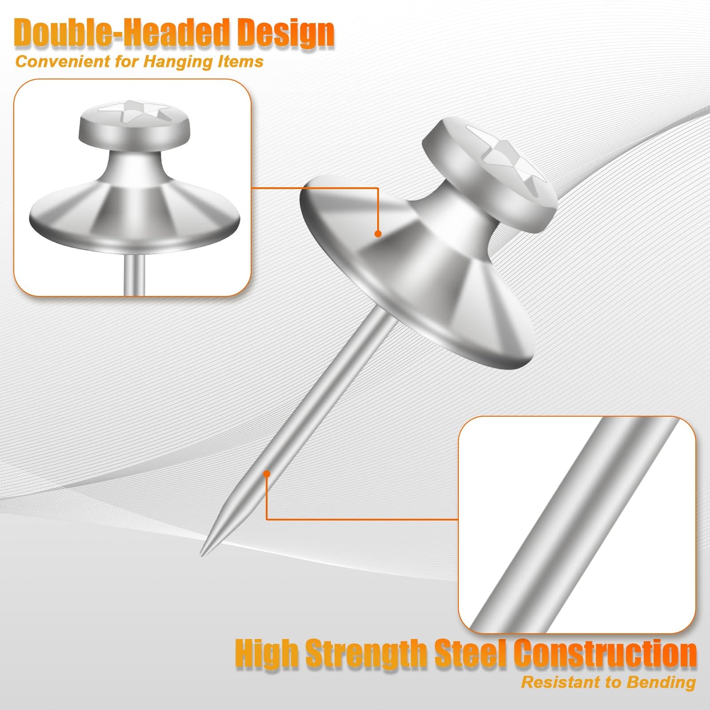 KURUI 60Pcs Double Headed Nails for Hanging Pictures, Wall Hangers Without Nails, Thumb Tacks for Wall, Renter Friendly Decor Push Pins for Tapestry Frame Art, Picture Hangers-Silver