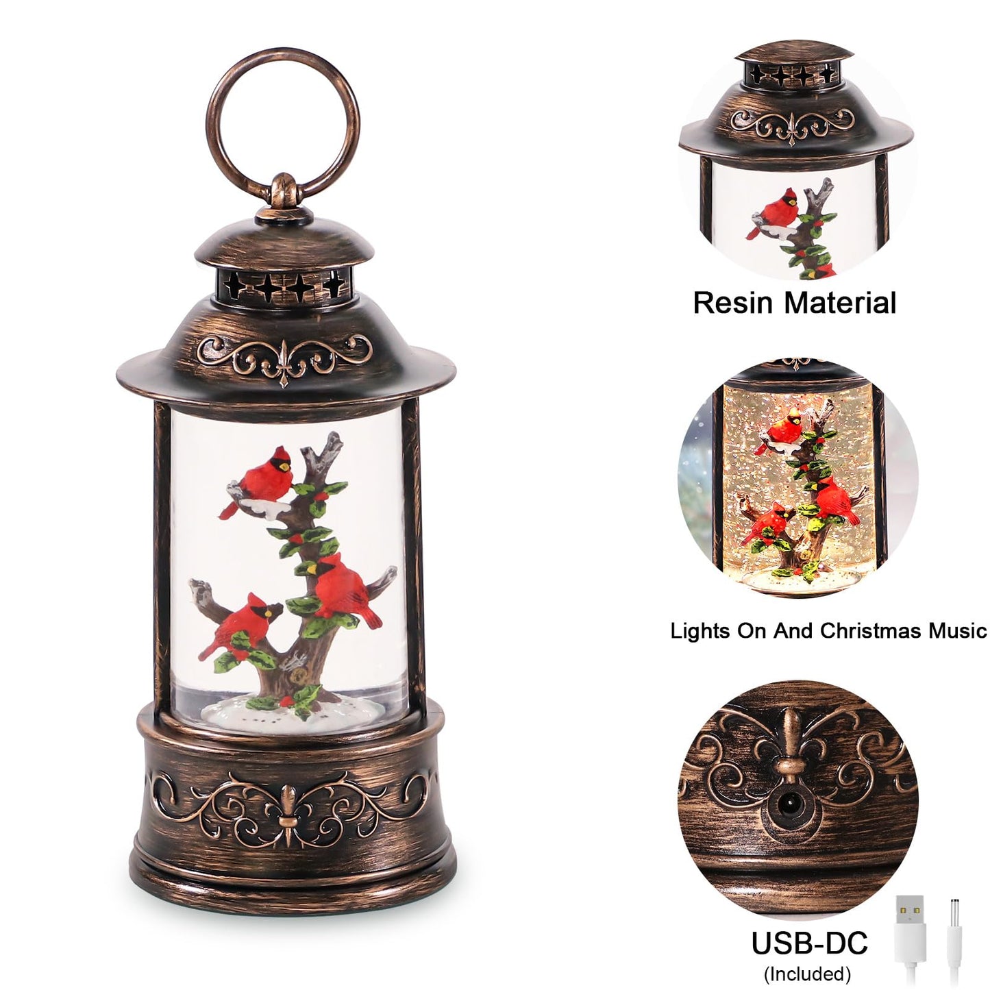 sinofayar Christmas Snow Globes,Glittering Cardinal Lantern with 6h Timer & 8 Music Songs,USB Battery Operated Box for Decorations Indoor Tabletop Gifts