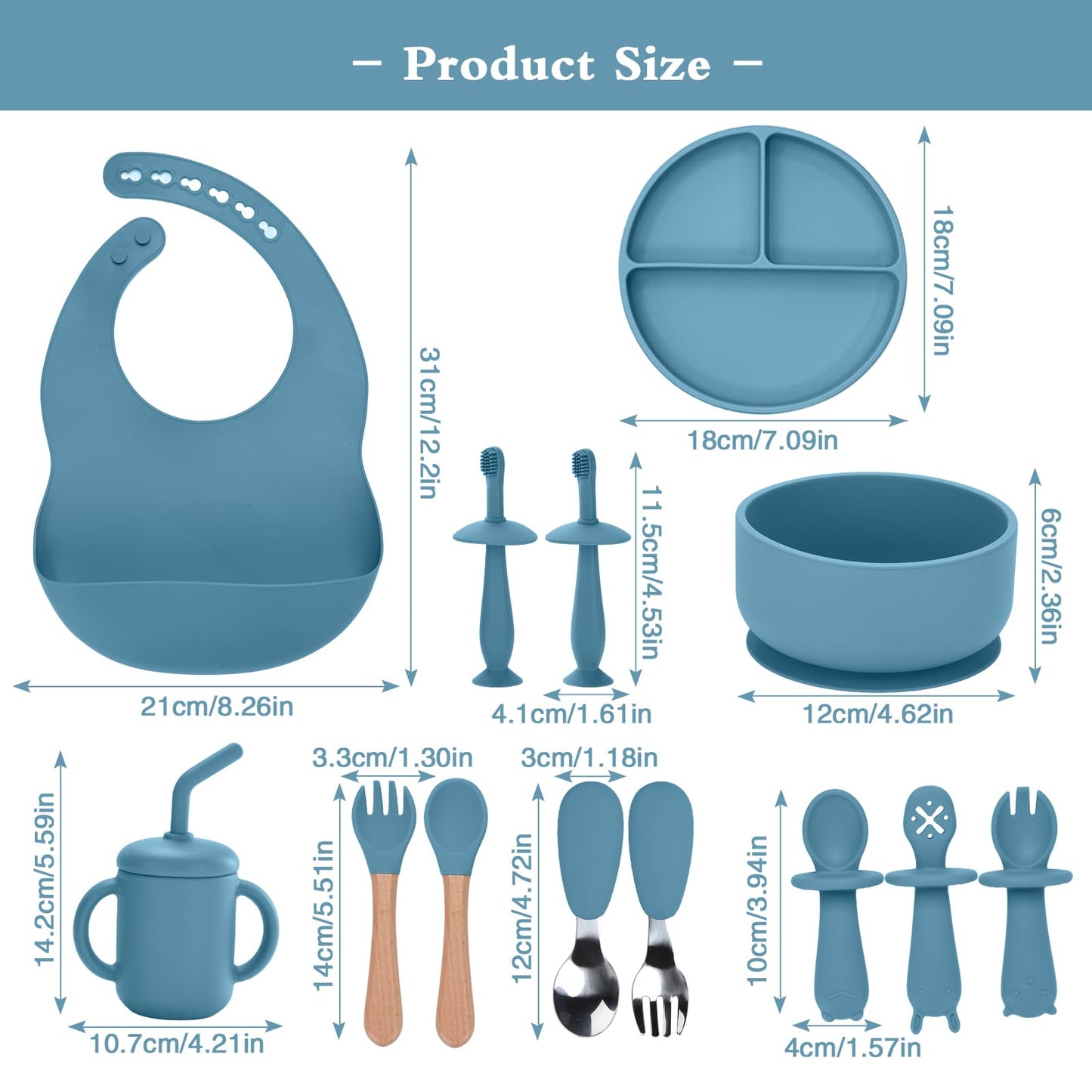 Silicone Feeding Set, 13PCS Baby Feeding Essentials with Suction Bowl & Plate, Spoons & Forks, Bib & Cup, Toothbrush, Baby Led Weaning Supplies for 6+ Months, Eating Essentials (Blue)