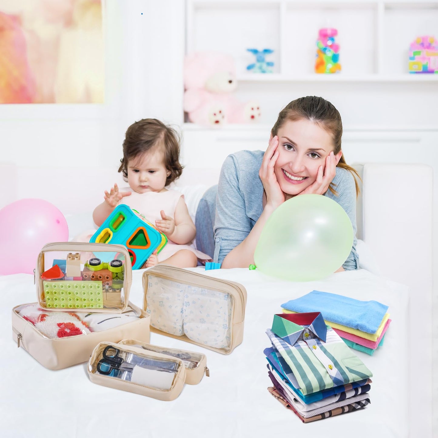 Remobia Hicol TSA Approved 5-Piece Diaper Bag Organizer Pouch Set Clear Waterproof TPU Kids Toiletry Storage Set Travel Packing Clutch Cube Bags for Baby Nursing(Cream leather)