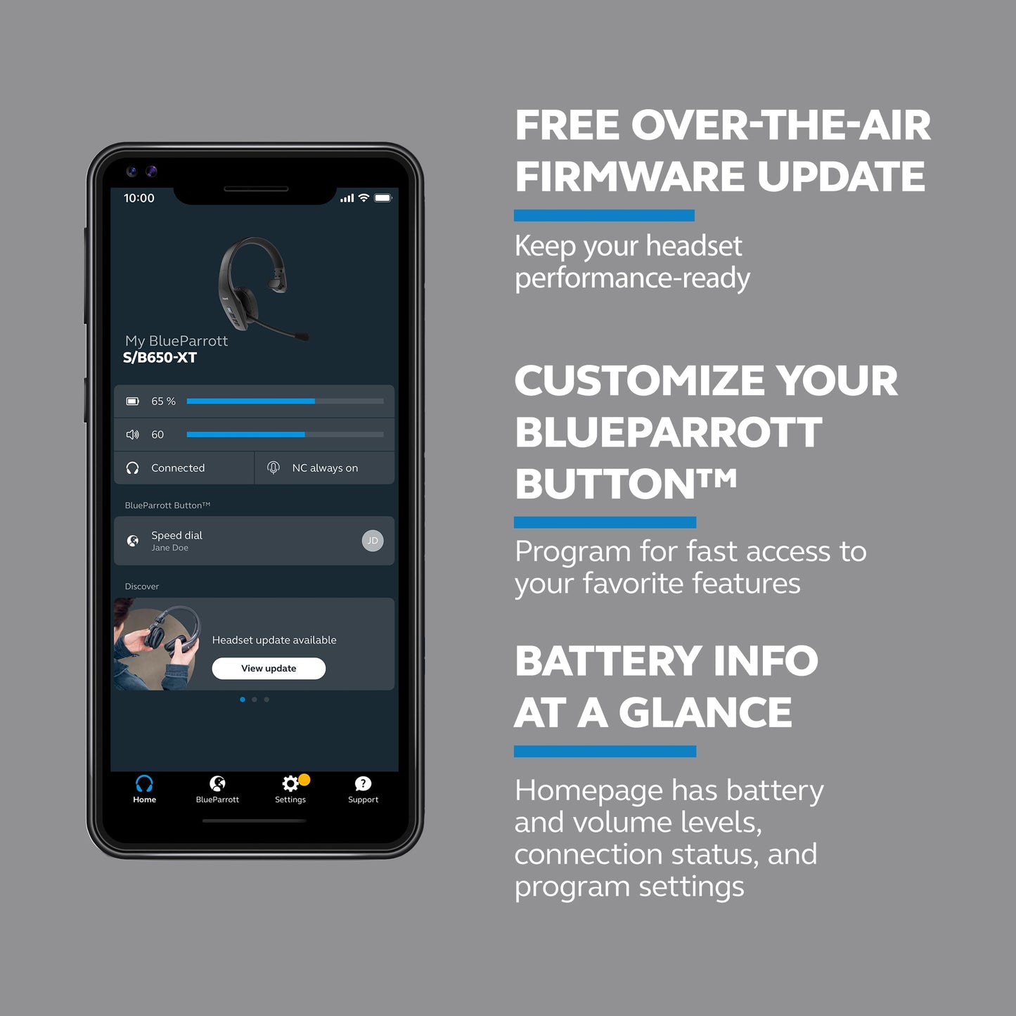 BlueParrott S650-XT Bluetooth Wireless Headphones 96% Noise Canceling Over Head Trucker Headset with Mic, 2-in-1 Convertible Stereo to Mono with ANC, IP54-Rated Protection, 36 hrs. Talk Time, Black