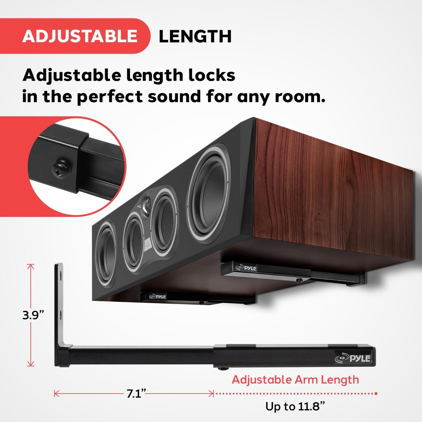 Pyle Adjustable Speaker Wall Mount Brackets - 2 Pack Extendable Steel Arms for Center Channel, Small or Large Speakers & Soundbars - 110 lbs Capacity, 6.7-11.8" Depth - Includes Mounting Hardware