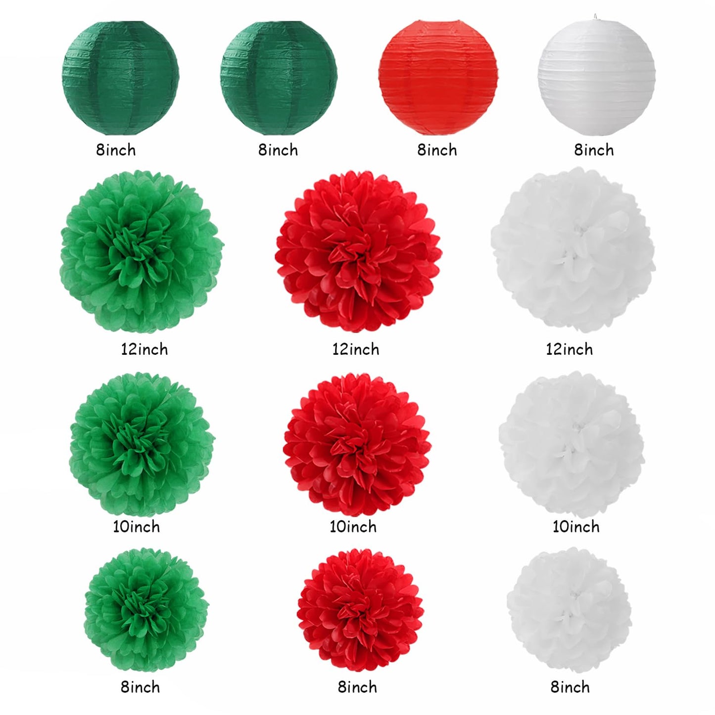 Red Green-White Christmas Party Decorations - 20pcs Mexican Italian Paper Lanterns Fans,Tissue Pom Poms,Honeycomb Balls,Bunting,Birthday Mexico Italy Baby Shower Wedding Decor Burgleda