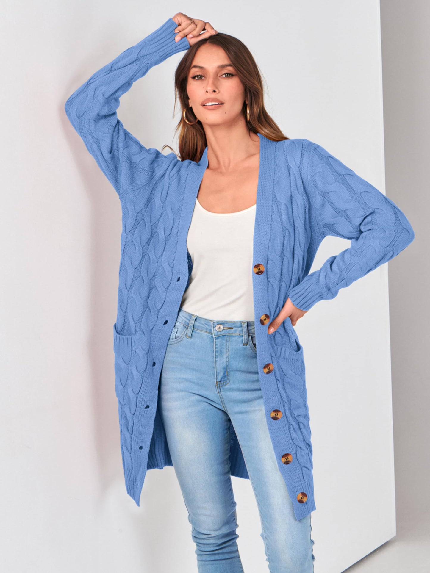 PRETTYGARDEN Long Sleeve Cable Knit Long Cardigan for Women 2025 Fall Winter Chunky Open Front Button Sweaters with Pockets (Sky Blue, X-Large)