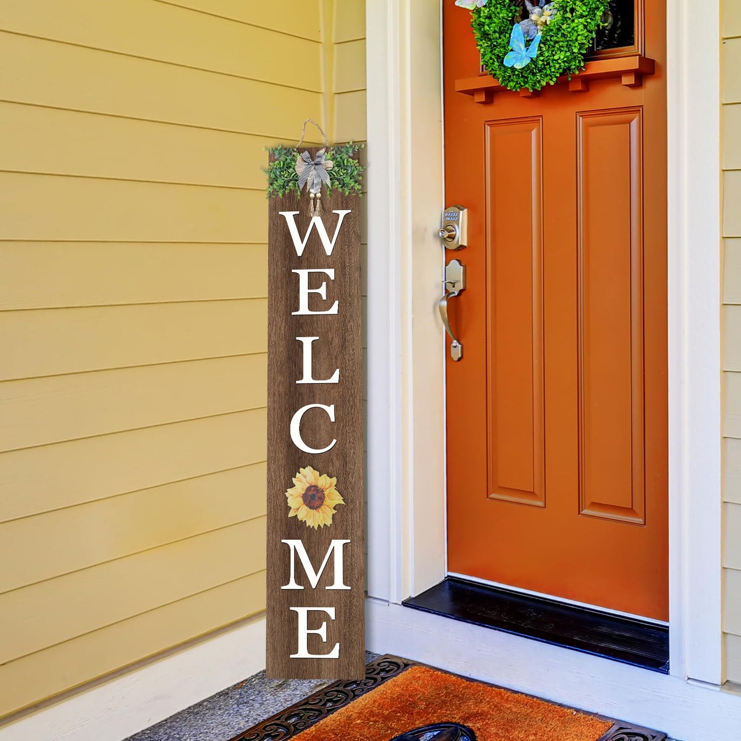 Interchangeable Welcome Sign for Front Porch Standing 47"X8" Outdoor Large Wood Frame with 12 Pcs Designed Icons Leaner Vertical Tall Outside Welcome Sign for Front Door Decor (Wood)