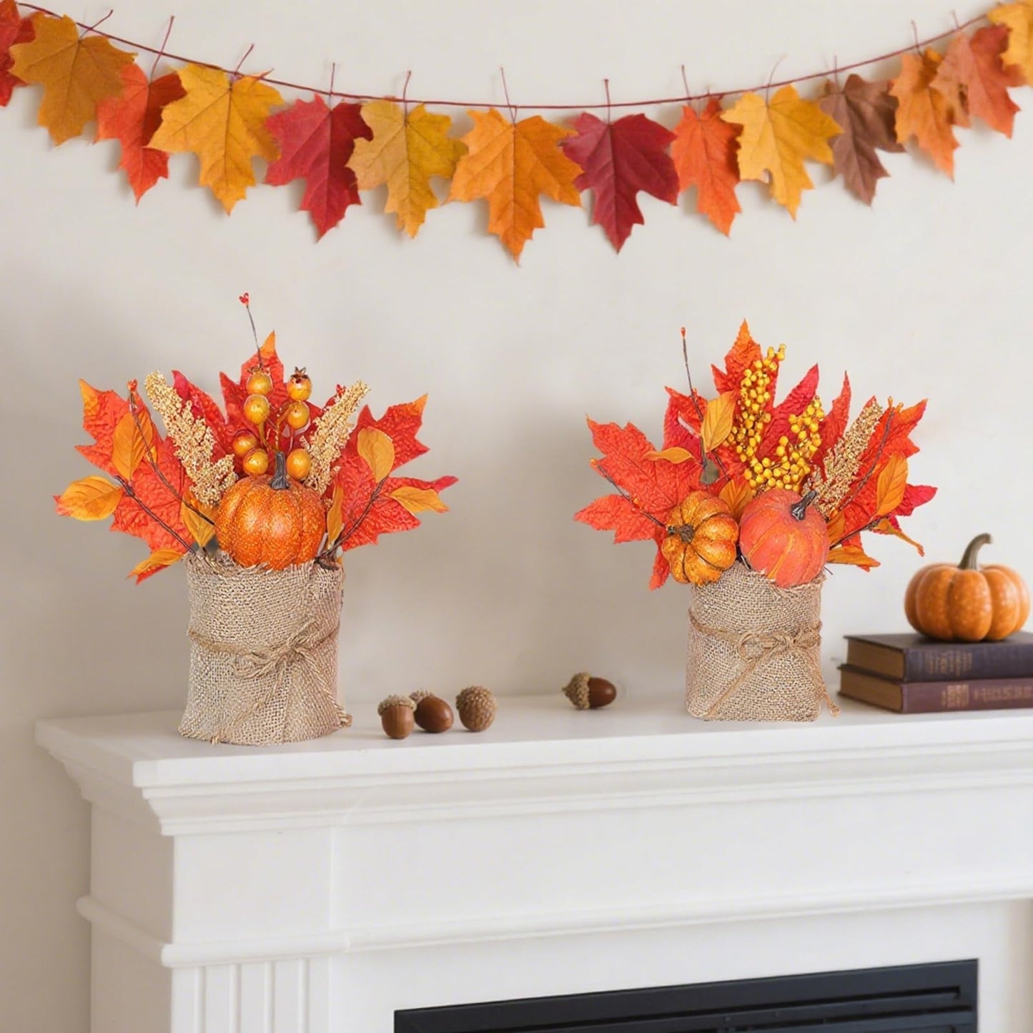 [ 2 Styles ] 2 Pack Fall Decor 10 Inch Tabletop Fall Tree, Maple Tree with Pumpkins Maple Leafed Berried Wheat Burlap Base Thanksgiving Fall Decorations for Home Table Centerpieces Halloween Decor