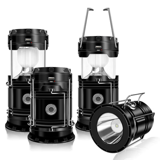 DIBMS 4-Pack Solar Camping Lantern, Collapsible LED Solar USB Rechargeable Lantern Flashlight Emergency Hanging Lights for Camping Hurricanes Power Outages Indoor Outdoor