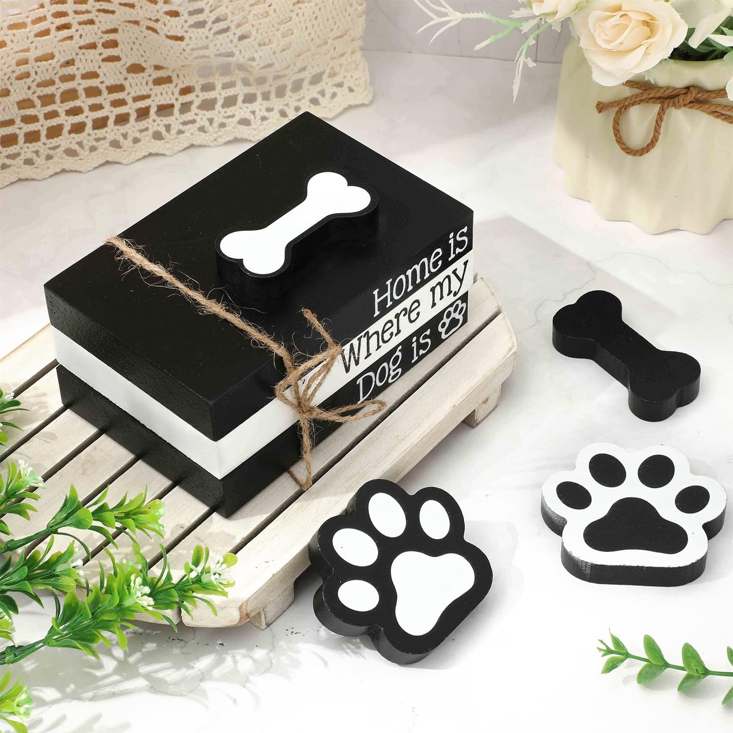 Whaline 7Pcs Dog Wooden Tiered Tray Decor Faux Stacked Books Dog Paw Bone Decorative Table Centerpiece Block Signs for Party Home Room Kitchen Dining Table Shelf Decoration