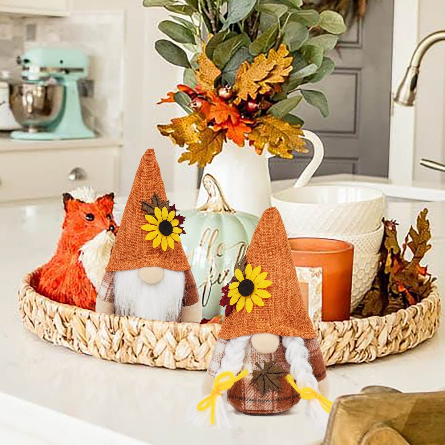 Vytina 2 PCS Autumn Gnomes Fall Decoration Harvest Thanksgiving Handmade Scandinavian Tomte Tiered Tray Decor Maple Leaf Sunflower Gnome Plush Festival Home Decor