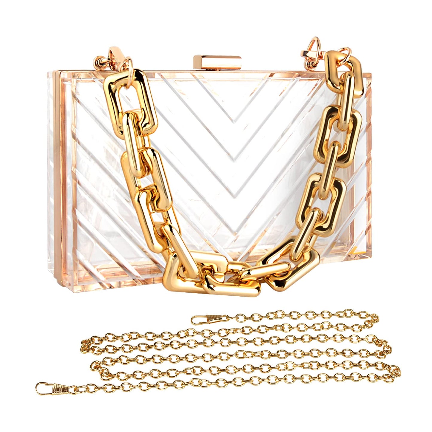 LUEXBOX Acrylic Women Clear Purse, Evening Clutch Handbag with Removable Gold Chain, Transparent Crossbody Shoulder Stadium Purse for Gameday, Bridal, Bachelorette Party, Prom & Concert (V Shape)