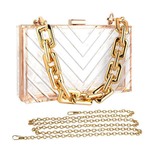 LUEXBOX Acrylic Women Clear Purse, Evening Clutch Handbag with Removable Gold Chain, Transparent Crossbody Shoulder Stadium Purse for Gameday, Bridal, Bachelorette Party, Prom & Concert (V Shape)