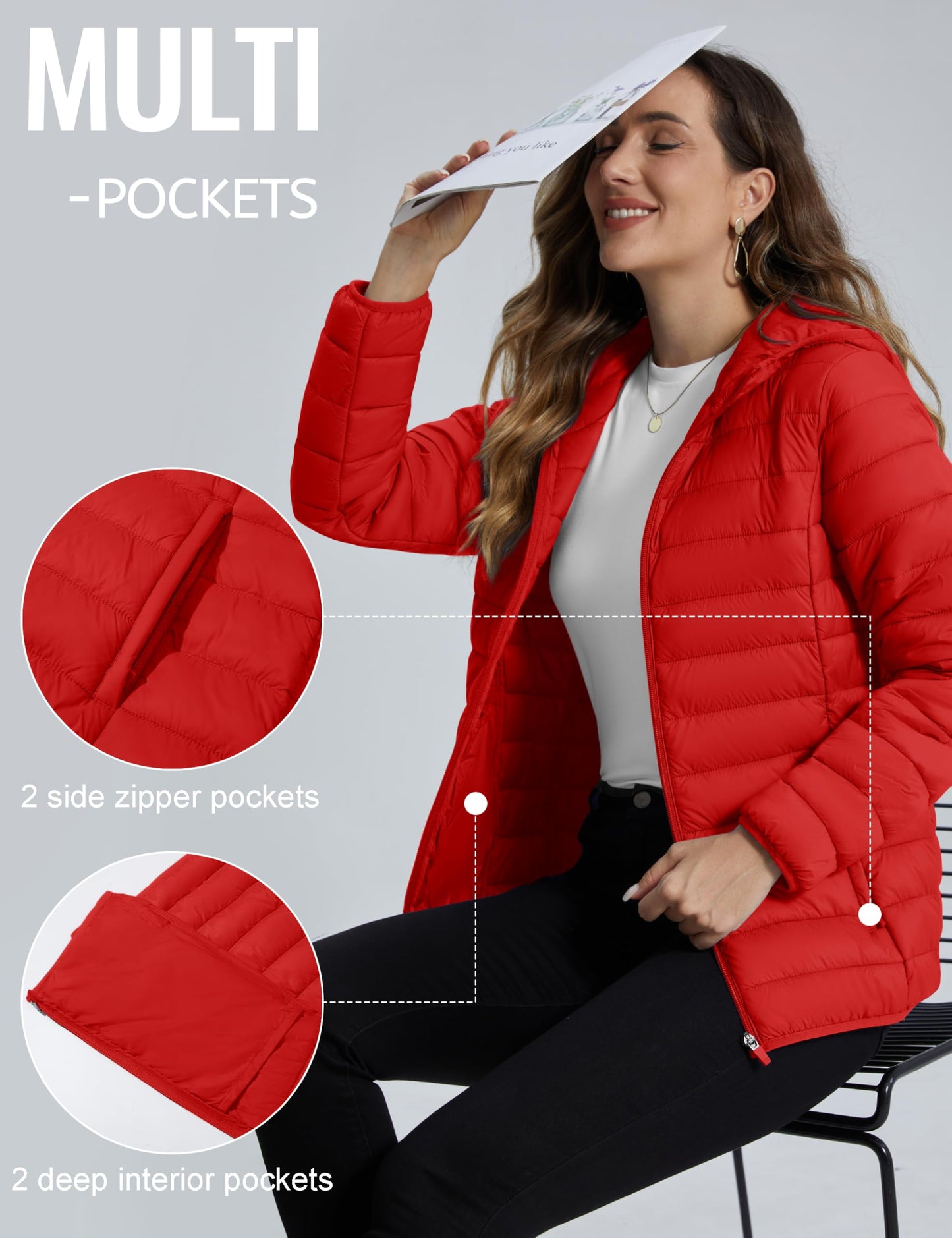 TACVASEN Women's Puffer Coat Long Sleeve Lightweight Jacket with Pockets Quilt Jacket for Winter,Tomato Red L