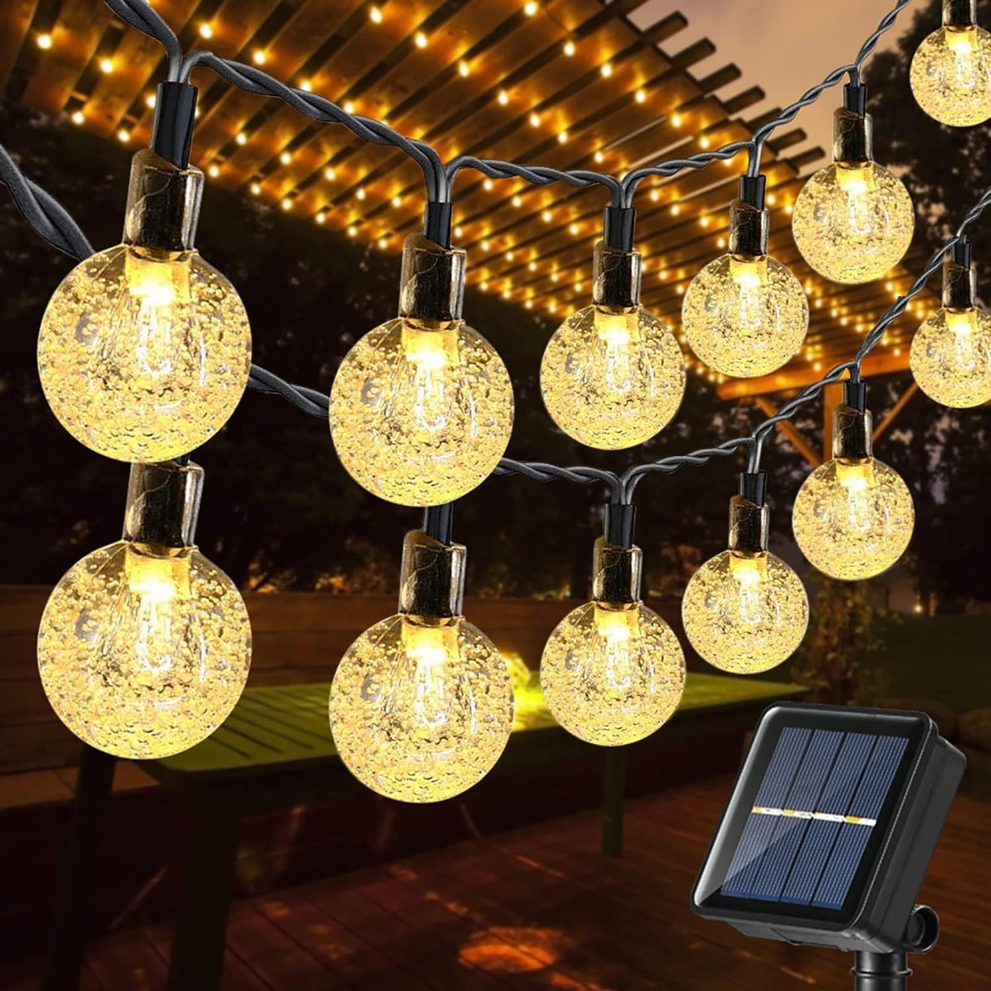 Toodour Solar String Lights Outdoor, 36ft 60 LED Globe String Lights, Waterproof Crystall Ball Lights Solar Patio Lights with 8 Modes for Garden, Lawn, Patio, Gazebo, Yard, Outdoor - Warm White