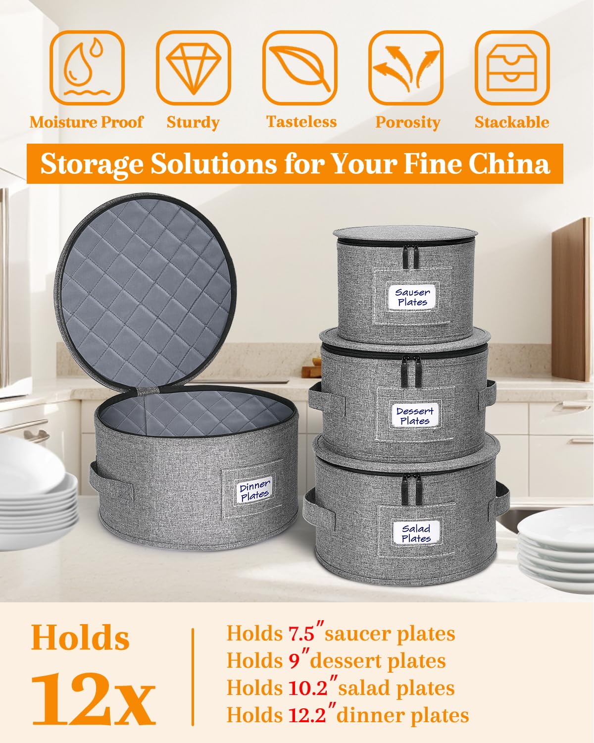 punemi China Storage Containers, Dish Storage with Rigid Top Side Bottom Support & Felt Dividers for Charger Plates Dinnerware, Perfect for Moving Supplies, 4PCS Stackable Fine China Storage, Gray
