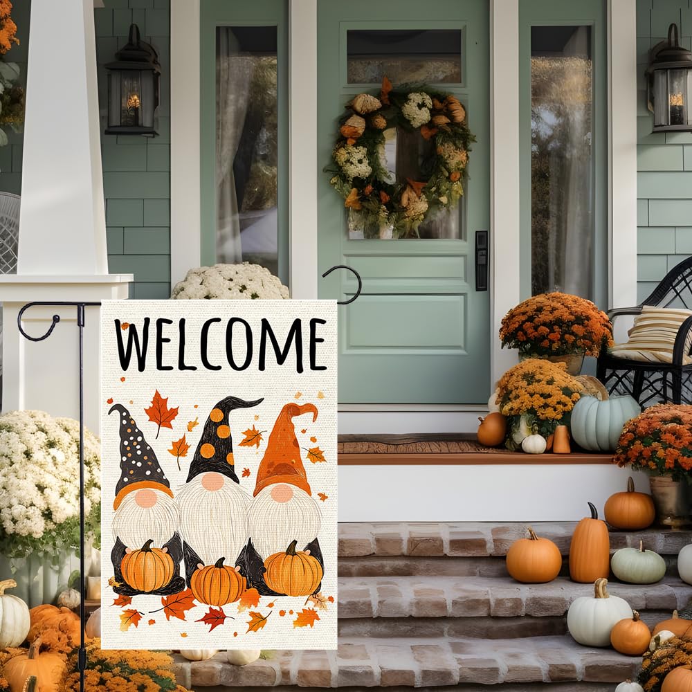 Polka Dots Gnome Garden Flags Welcome Fall Pumpkin Garden Flag 12x18 Inch Double Sided Burlap Autumn Holiday Maple Leaf Yard Outside Patio Lawn Decorations