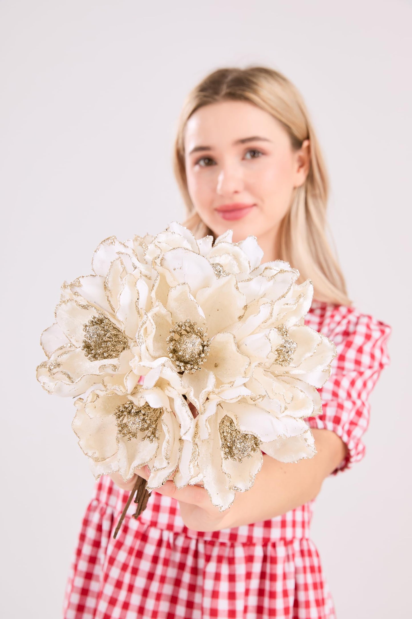 vctops 10 PCS Glitter Artificial Flower Christmas Tree Wreath DIY Ornaments 6.3 Inch Faux Flower for Xmas New Year Wedding Party Holiday Decoration,White A