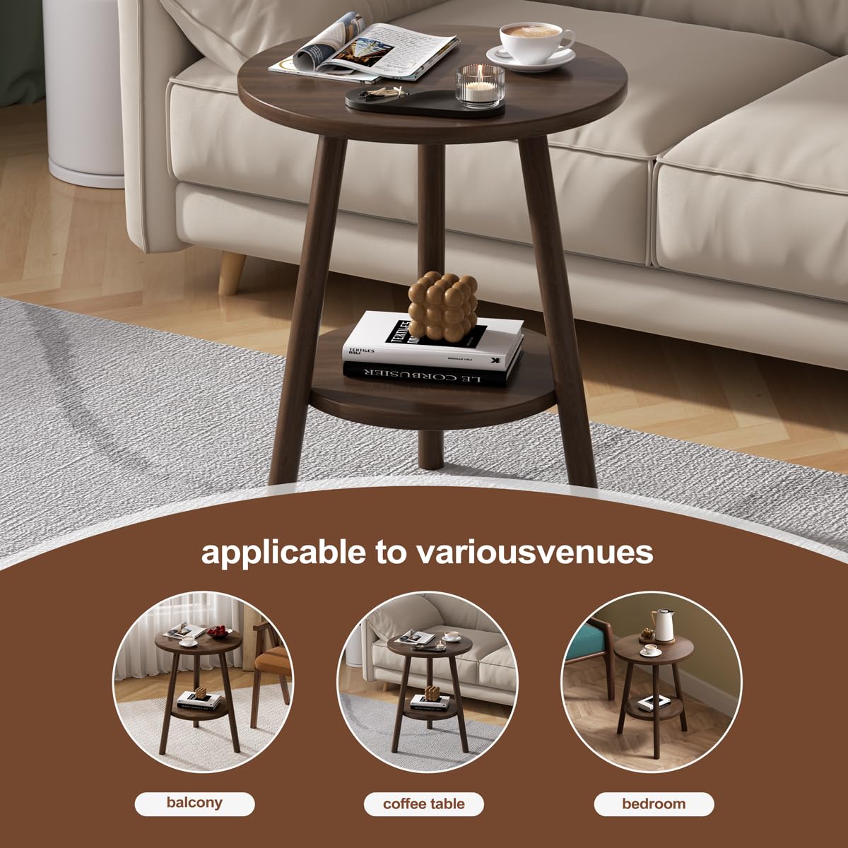 OERGKE Round End Table, Small Side Tables with Lower Shelf, Coffee Table, Bedside Table, Mid Century Modern Nightstand for Living Room, Bedroom, Corners and Office (Walnut)