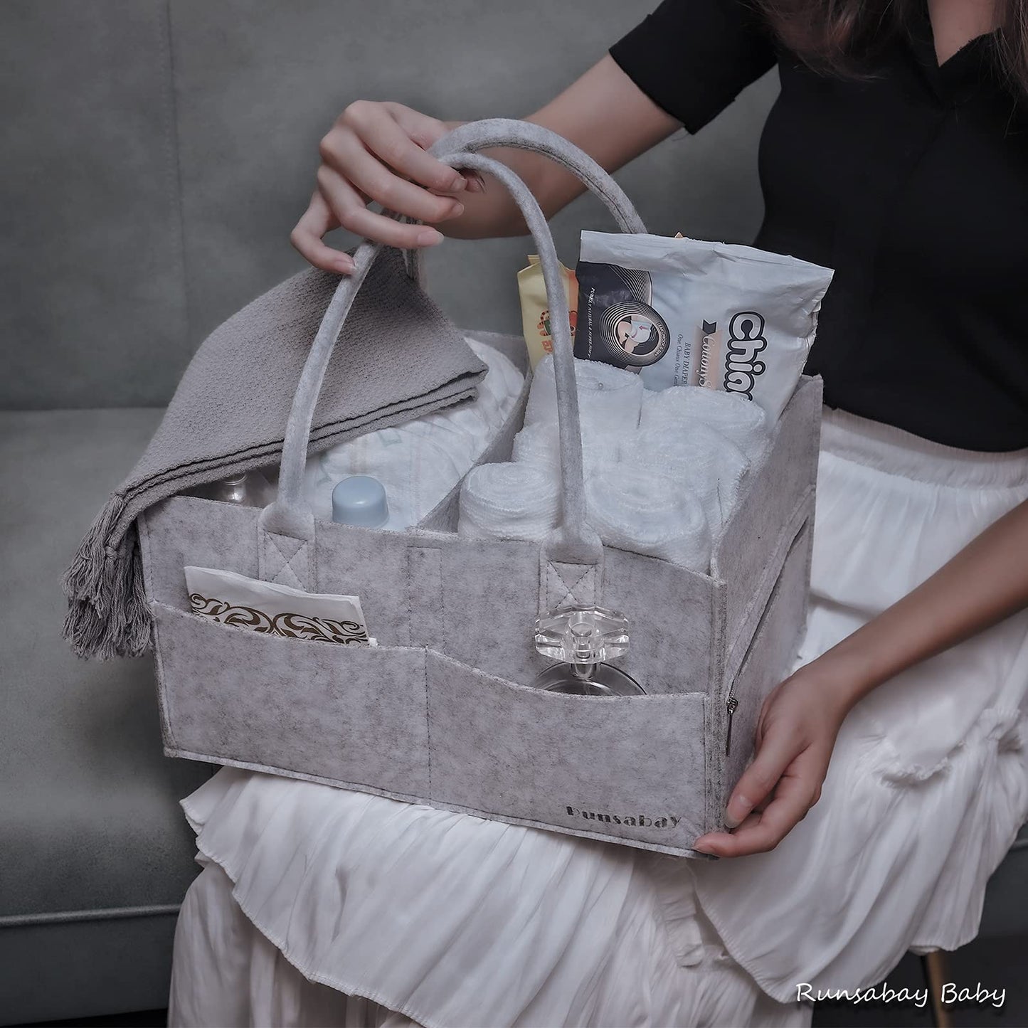 Runsabay Baby Diaper Caddy Organizer, Portable Baby Essentials Storage Basket Bin for Changing Table,Car Shower Basket for Newborn Boy and Girl, Best Shower Gift for New Mom