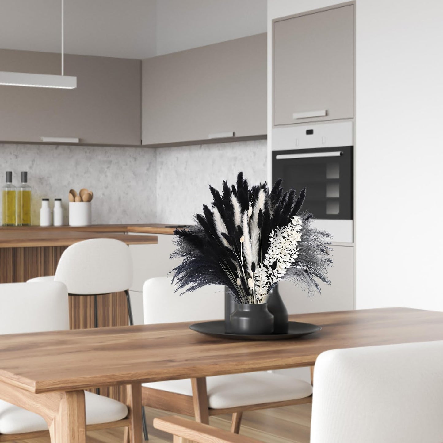 102PCS Black Pampas Grass Decor, Grey White Natural Dried Pampas Grass Bulk, Boho Home Decor Bouquet, Black and White Dried Flowers Decor, Halloween Wedding Floral Arrangements Vases Decorations