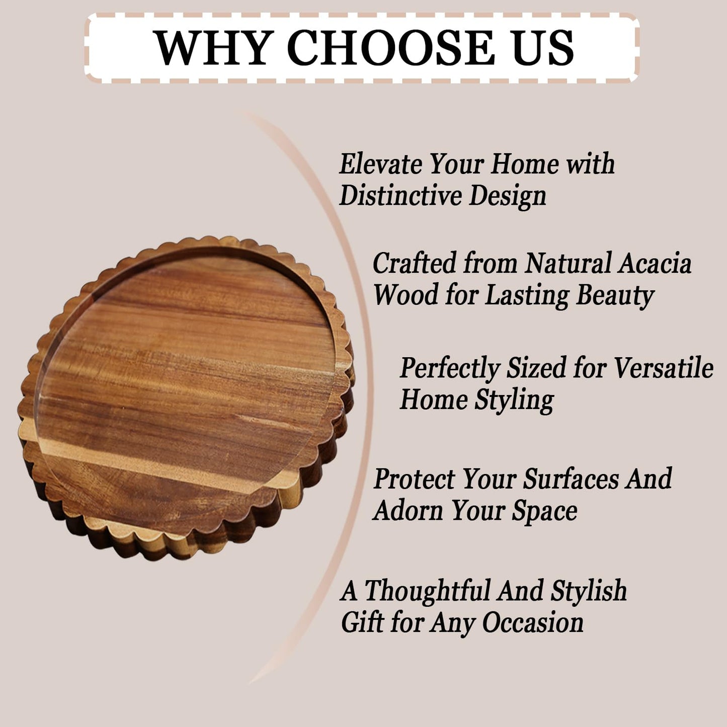 Prylenza 11.8 Inch Round Acacia Wood Decorative Tray for Coffee Table - Unique Scalloped Edge Design, Ideal Wooden Centerpiece Trays for Kitchen, Dining Room, Living Room and Home Decor