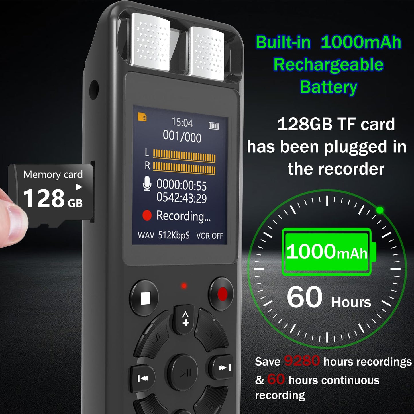 128GB Digital Voice Activated Recorder for Lectures&Meetings,Phone Connected via OTG,9280 Hours Audio Recorder with Tripod Stand,Recording Device with Playback,MP3 Player,Password,Variable Speed