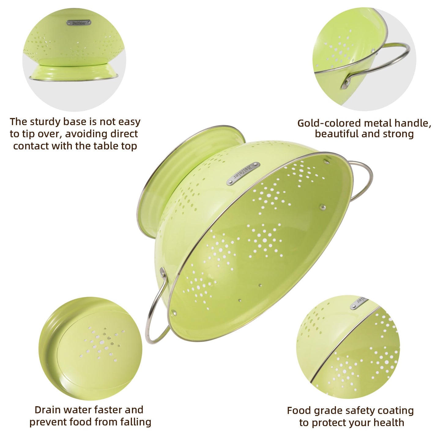 Metal Colander 2 Pack, Strainer Bowel with Handles 2Qt & 6Qt Powder Coated Solid Ring Base Heavey Duty Kitchen Drainer Basket for Pasta Veggies and Fruits,New Home Apartment Essentials (LightGreen)