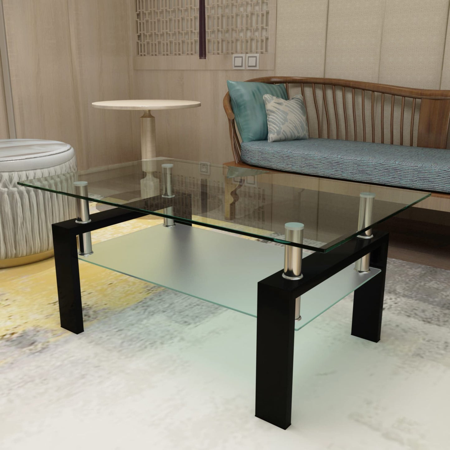PIUS Rectangle Glass Coffee Table, Clear Coffee Table Modern Side Center Tables Furniture for Living Room,Black