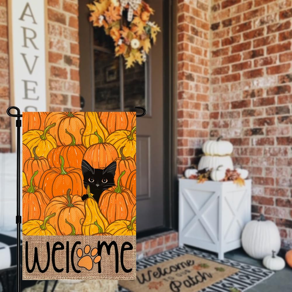 RABUSOFA Fall Garden Flag Double Sided Outside,Black Cat Pumpkins Autumn Welcome Seasonal Thanksgiving Holiday Yard Outdoor Flag