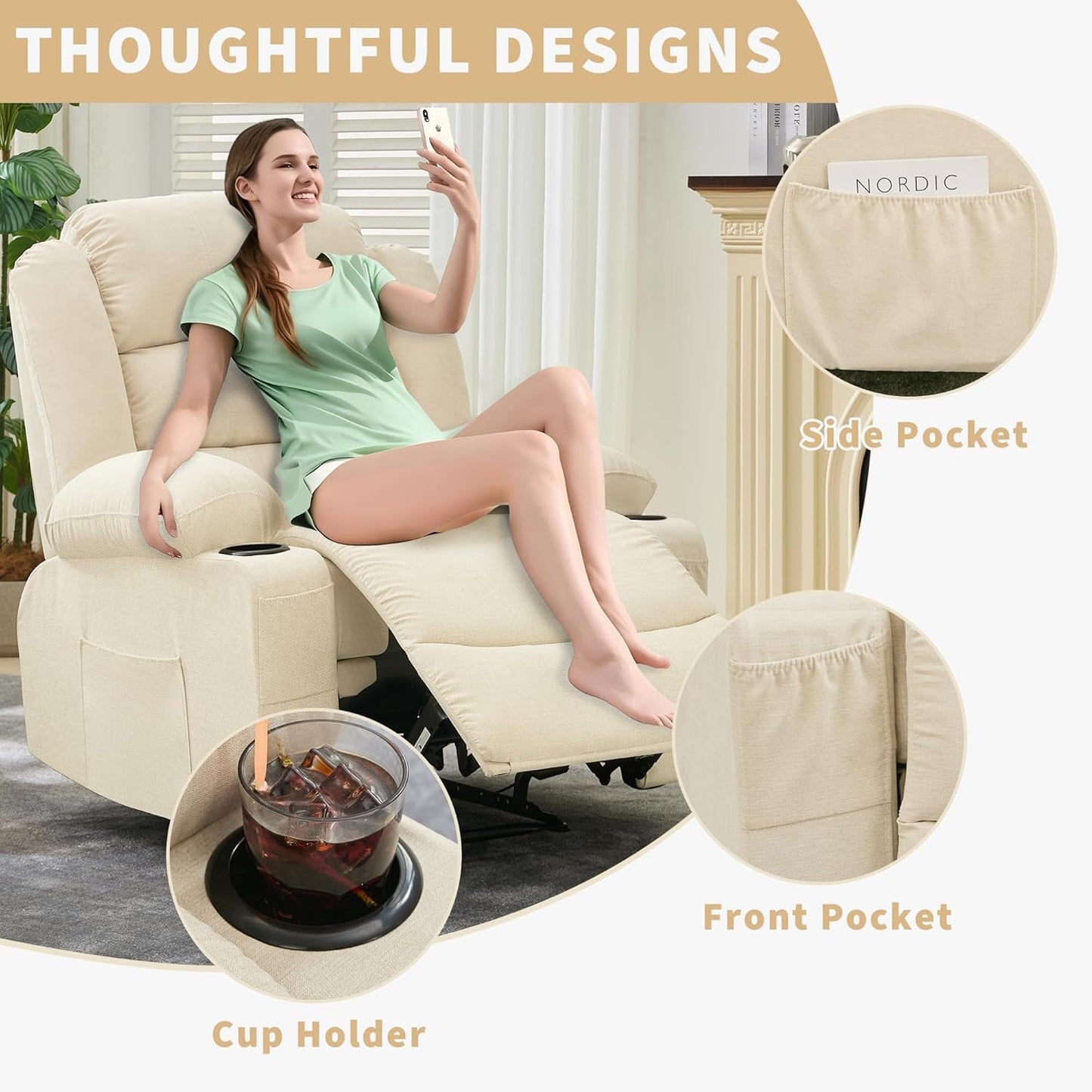 Massage Rocker Recliner Chair, Ergonomic Rocking Lounge Chair with Heat and Vibration for Living Room, Reclining Sofa with 2 Side Pocket, 2 Cup Holders（White）