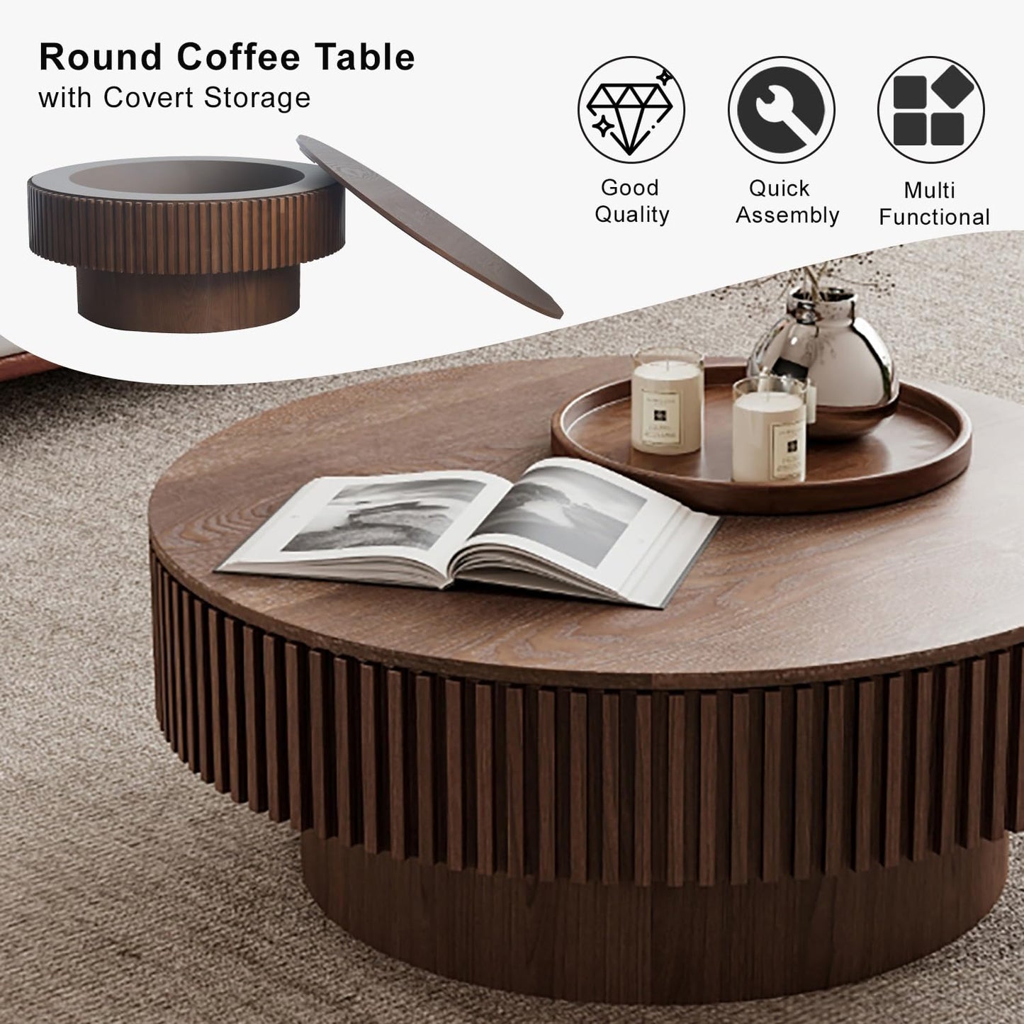 Round Coffee Table with Storage, Modern Wooden Coffee Table with Solid Wood Veneered, Circle Center Table Accent Tea Table for Living Room Apartment Small Space (31.5''L × 31.5''W × 14''H, Walnut)