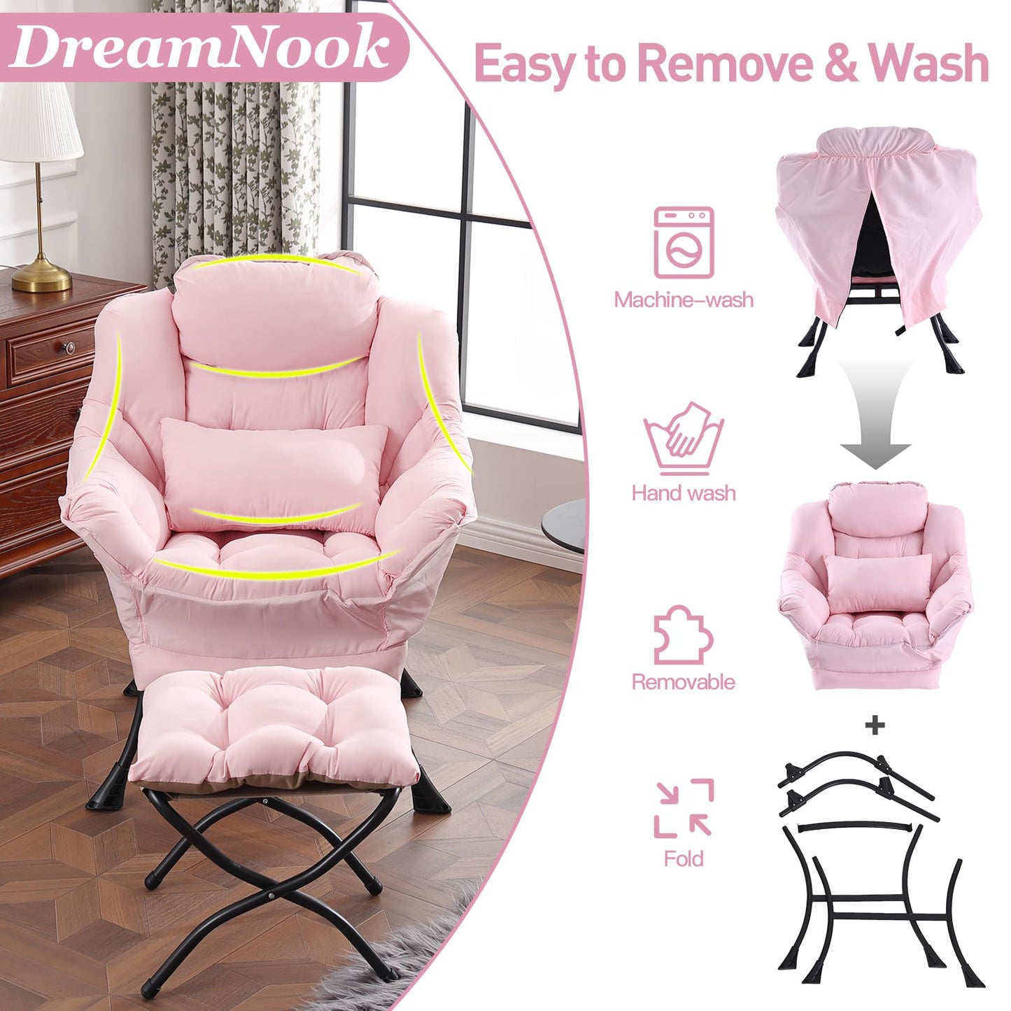 DreamNook Lazy Chair with Ottoman, Modern Accent Chair with Lumbar Pillow, Comfy Chairs with Folding Footrest for Bedroom, Reading, Oversized Supportive Lounge Chairs(Pink)
