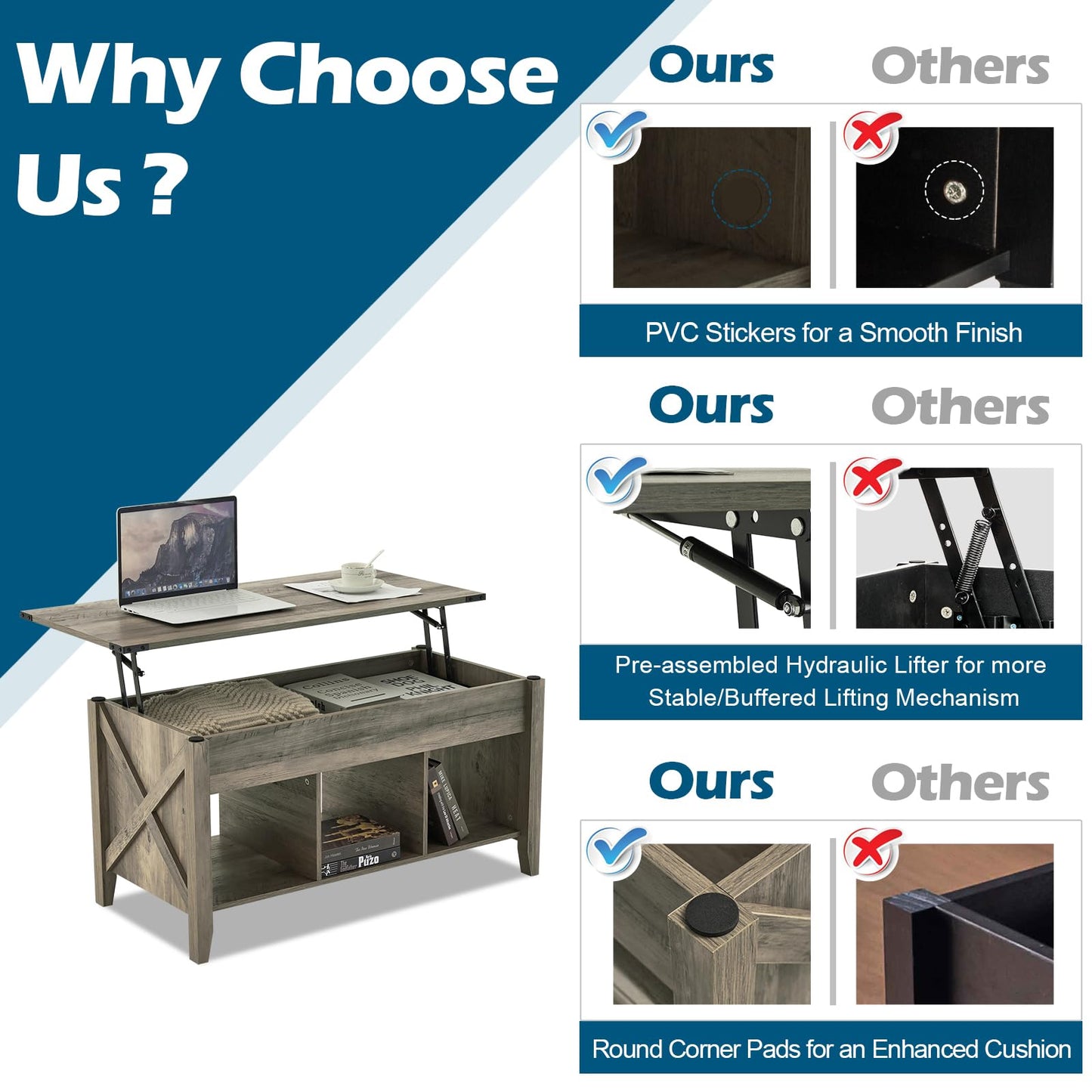 VINGLI Farmhouse Lift Top Coffee Table, Rustic Grey with Storage Shelf/Hidden Compartment, Mesa De Centro para Sala