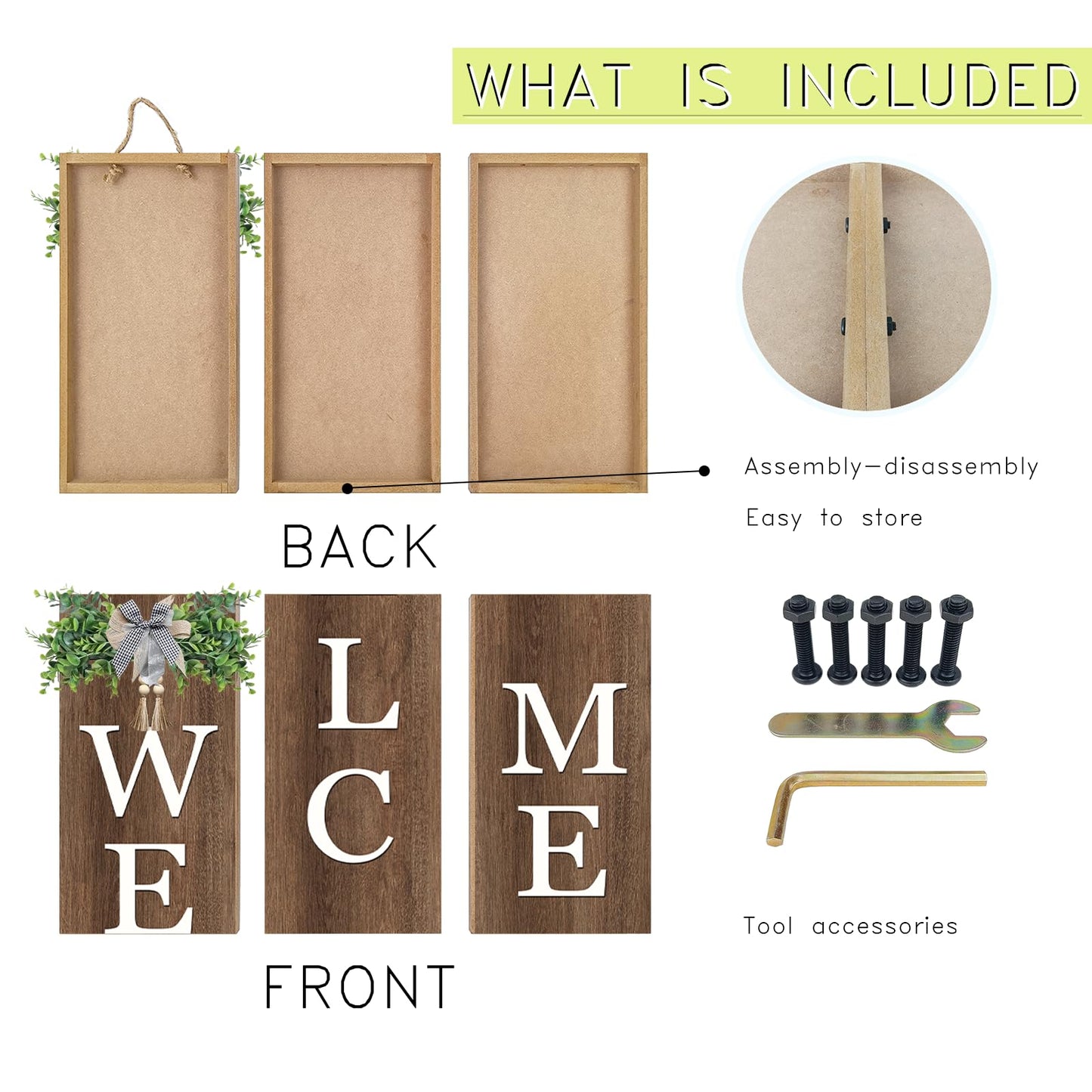 Interchangeable Welcome Sign for Front Porch Standing 47"X8" Outdoor Large Wood Frame with 12 Pcs Designed Icons Leaner Vertical Tall Outside Welcome Sign for Front Door Decor (Wood)