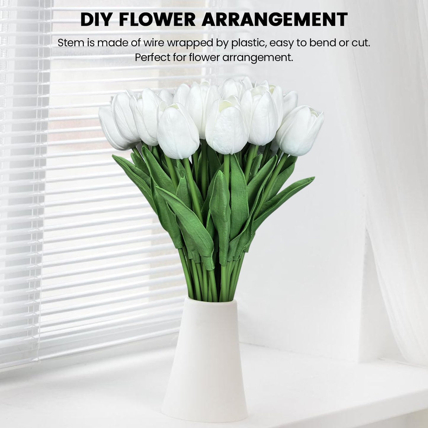 Subacy 30 PCS Artificial Tulips 13.5inch Long Fake Flowers Real Touch Tulips Silk Flowers for Spring Easter Mother's Day Decorations (White)