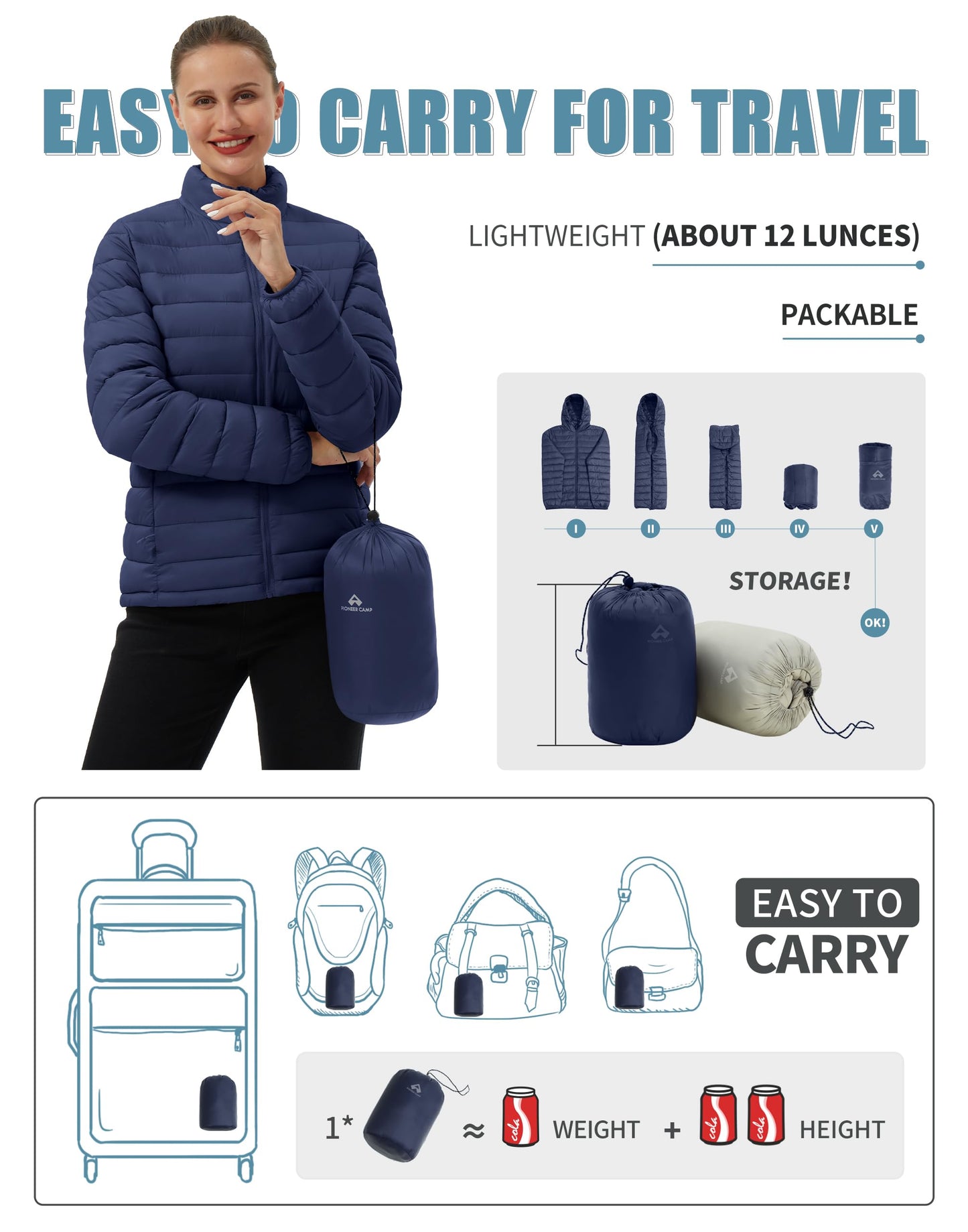 Pioneer Camp Women's Packable Puffer Jacket Winter Lightweight Quilted Coat Water-Repellent Insulated Thermal Warm Outerwear