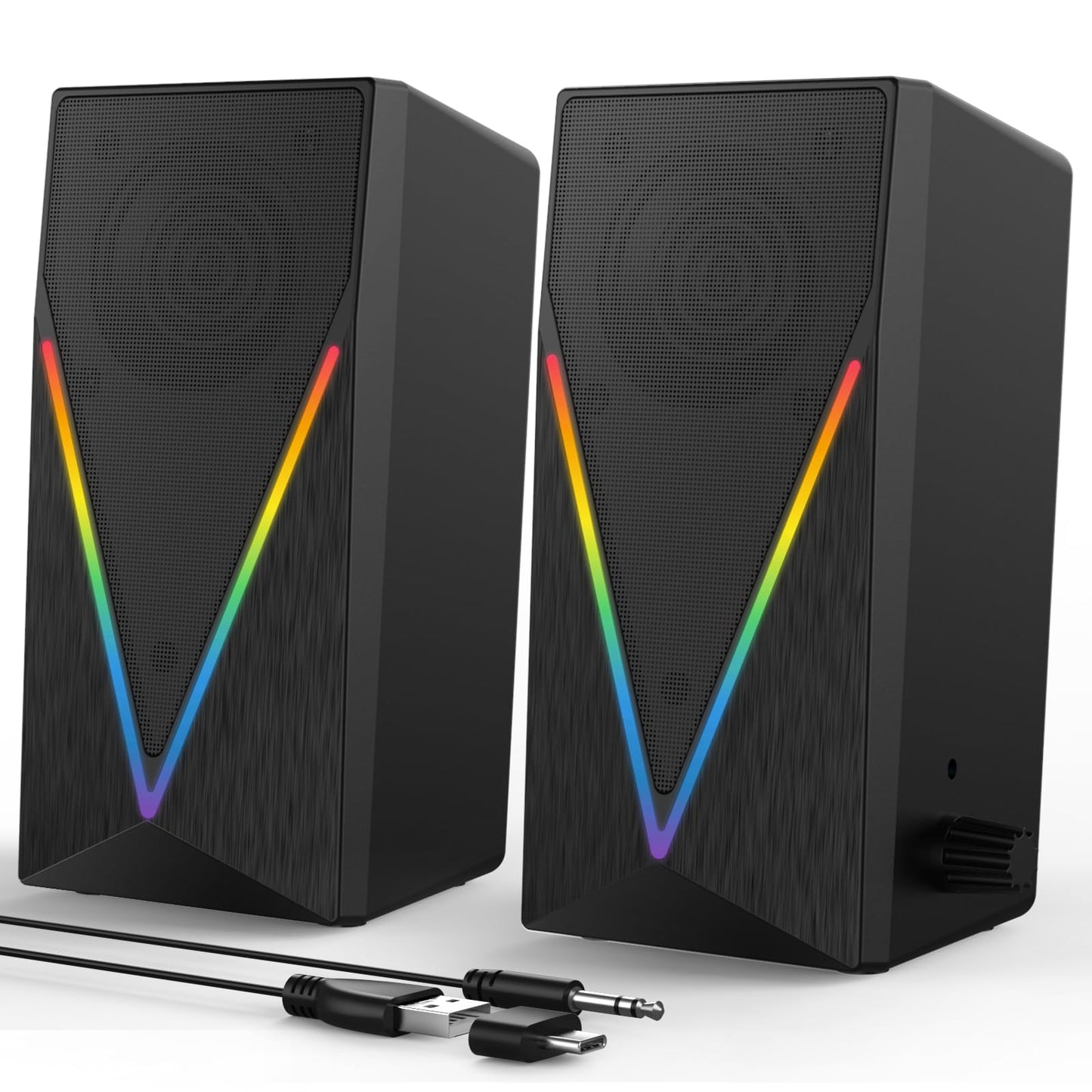 RGB Desktop Speakers with Enhanced Bass, Volume Control & 6 Colorful Lights - USB Powered & 3.5mm Aux Gaming Speakers for Laptop, PC, Tablet, Phone