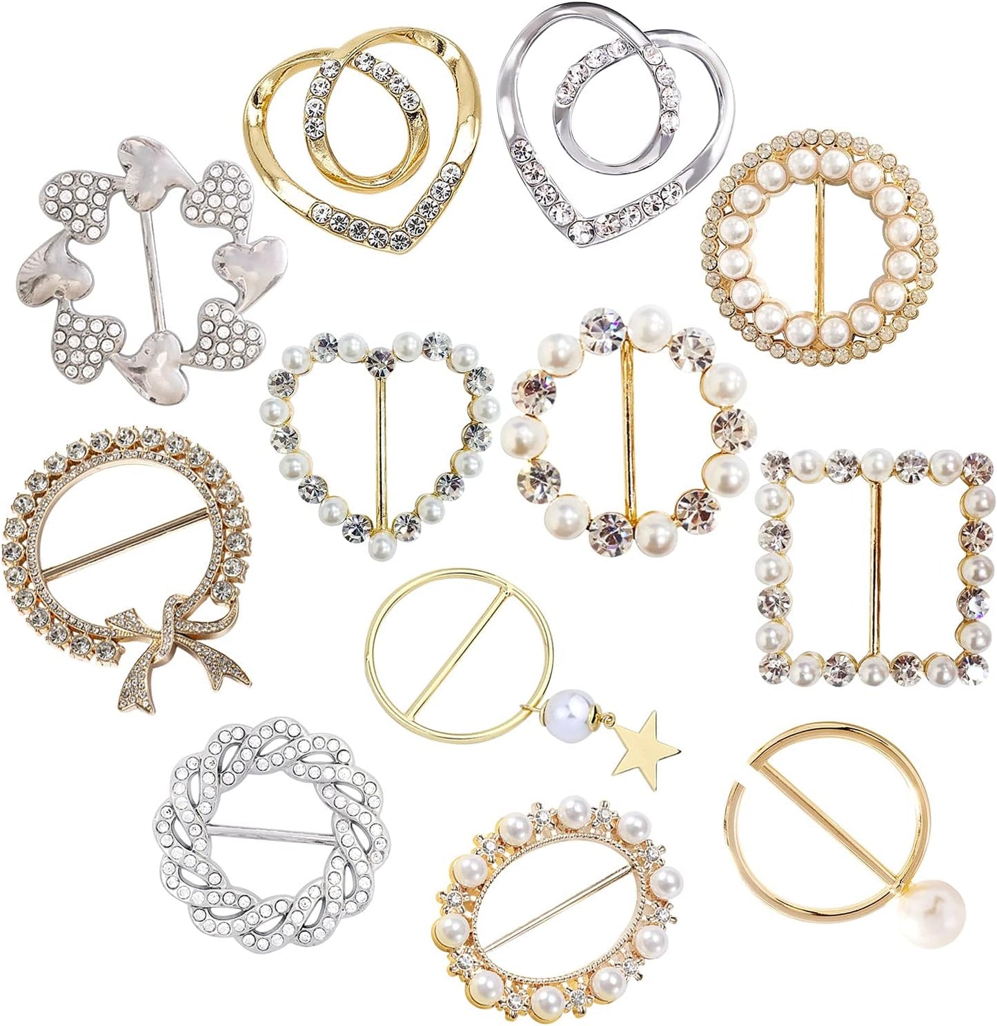 Scarf Tie Buckle Rings for Women,12PCS Metal Party T Shirt Pearls Rhinestone Clips,Clothes Corner Knotted Button for Women Girls Decorative Accessories
