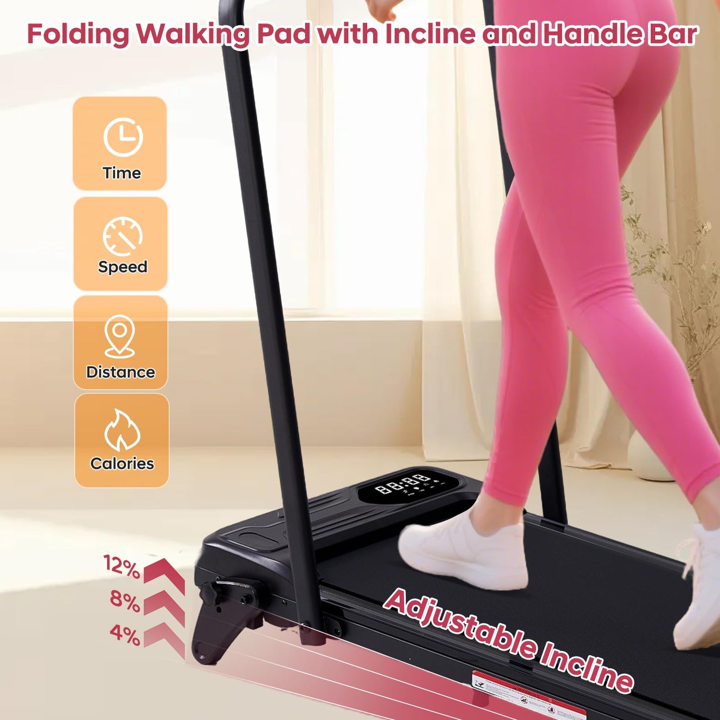 Foldable Walking Pad Treadmill with 12% Adjustable Incline and Handle Bar, 3.5HP Portable Folding Treadmills for Home Small, 4 in 1 Under The Desk Electric Treadmill with Handles, 0.6-7.6MPH, 350LBS