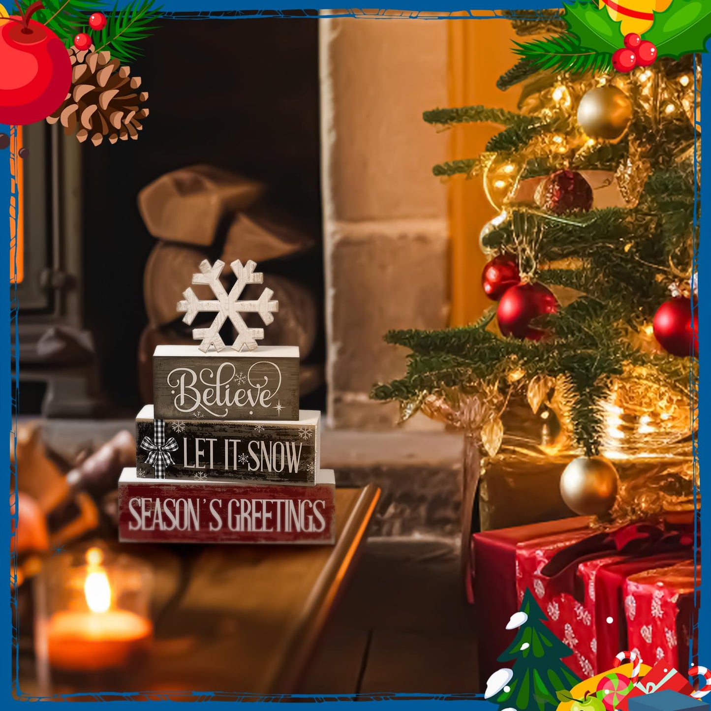 Moucuny 4 Pcs Winter Decorations for Home Reversible Christmas Winter Table Sign Wooden Snowflake Decoration Double Side Christmas Tiered Tray Decor Holiday Table Centerpiece for Xmas Home Decor