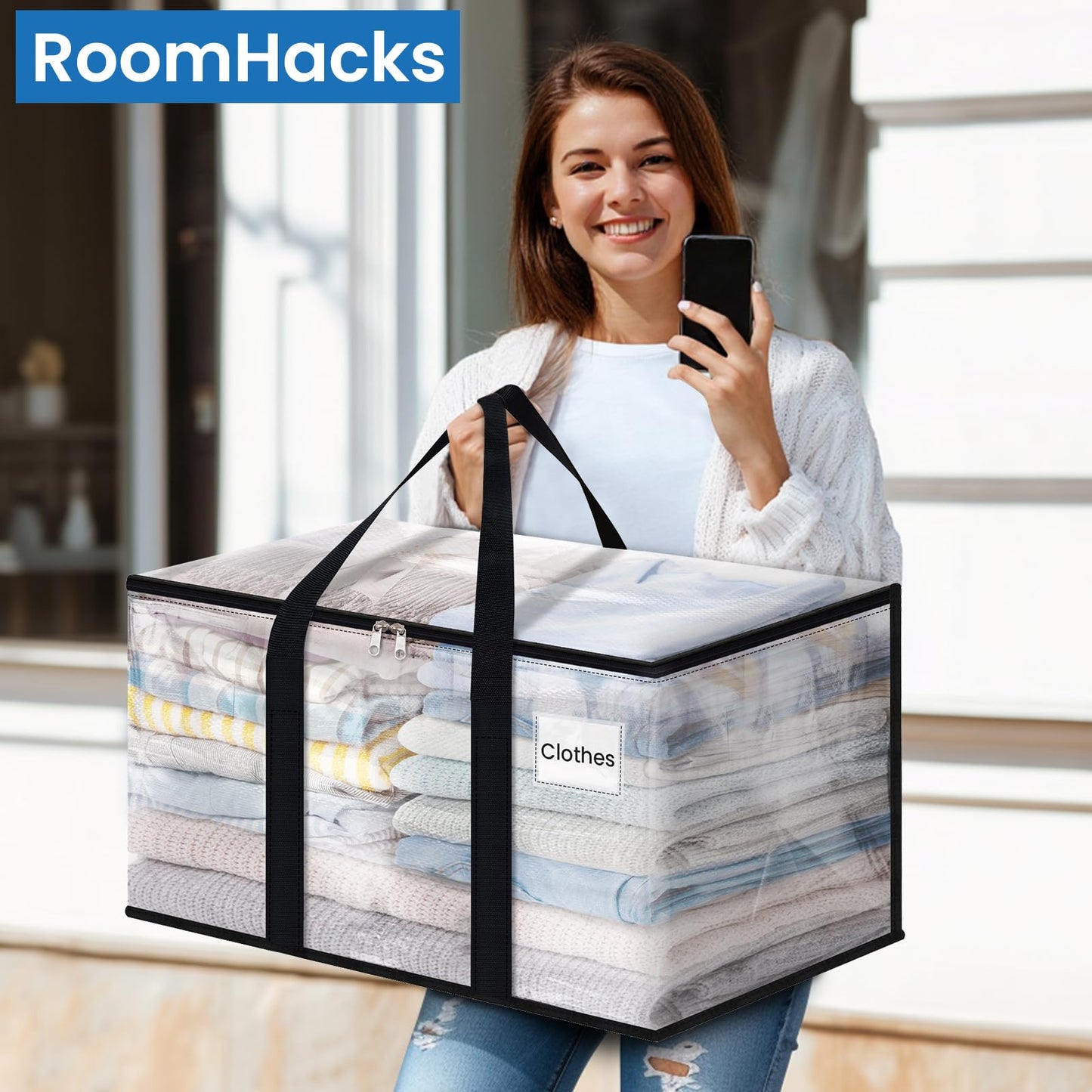 RoomHacks Clear Moving Bags Heavy Duty Extra Large, Moving Supplies with Reinforced Handle and Double Zipper, Storage Totes for Moving Essential, Packing Bags Alternative to Moving Box(6 Packs, Clear)
