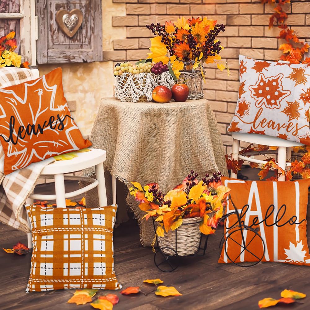 Heirloom Haven 4pcs Fall Pillow Cover 18x18in Thanksgiving Hello Maple Leaves Buffalo Throw Pillow Cases Decoration Autumn Harvest Cushion Pillow Covers for Farmhouse Couch Sofa Outdoor Home Decor