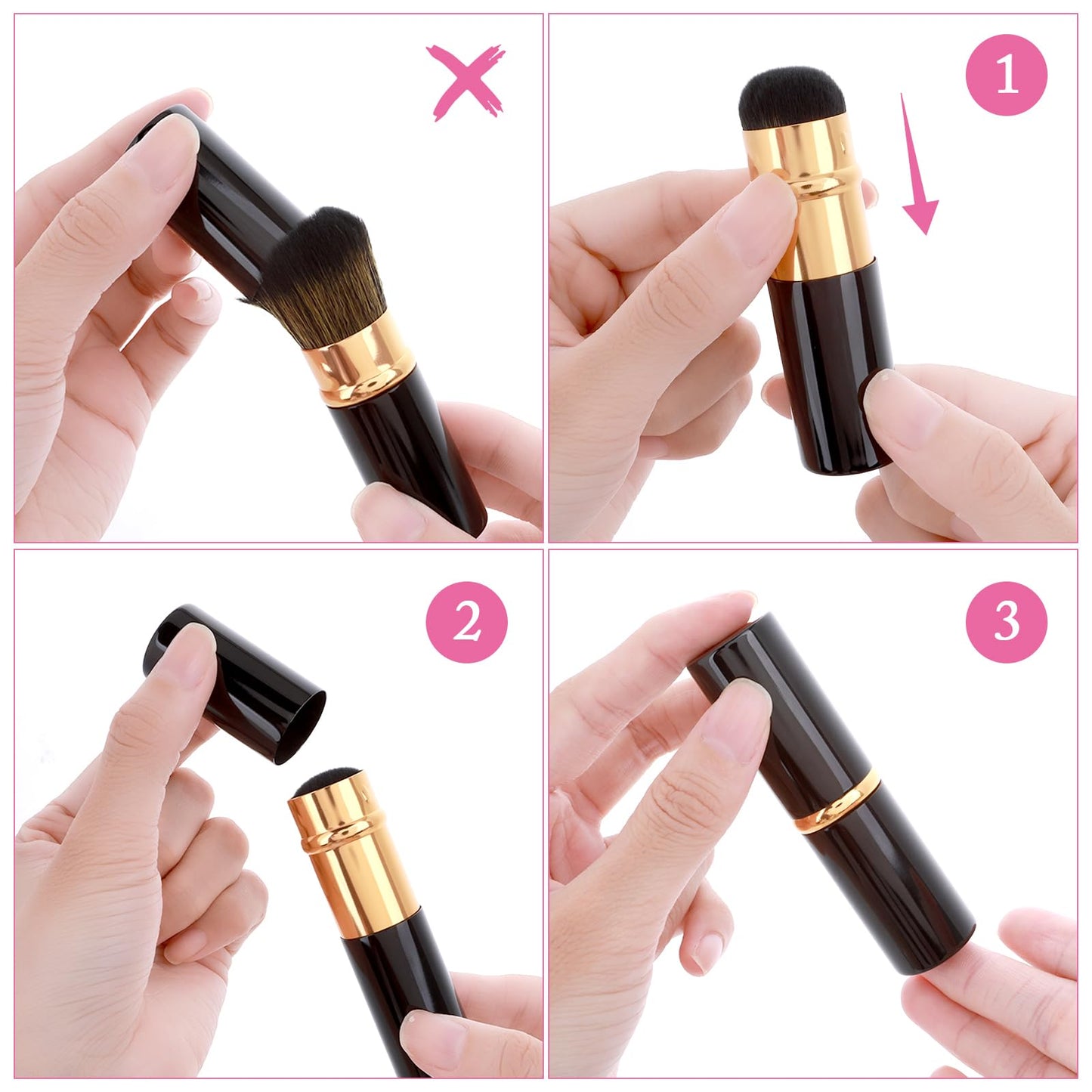 ElevateTech 2Pcs Retractable Kabuki Blush Brushes, Makeup Brush with Cover Foundation Brush Powder Brush Travel Makeup Brushes Luxe Makeup Tool for Seamless Application of Liquid Cream and Powder