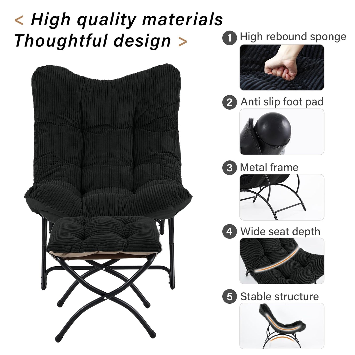Welnow Accent Lounge Lazy Chair, Comfy Soft Leisure Metal Frame Reading Chair, Upholstered Thick Cushion Seated Recliner Sofa for Living Room, Bedroom, Dorm, Black