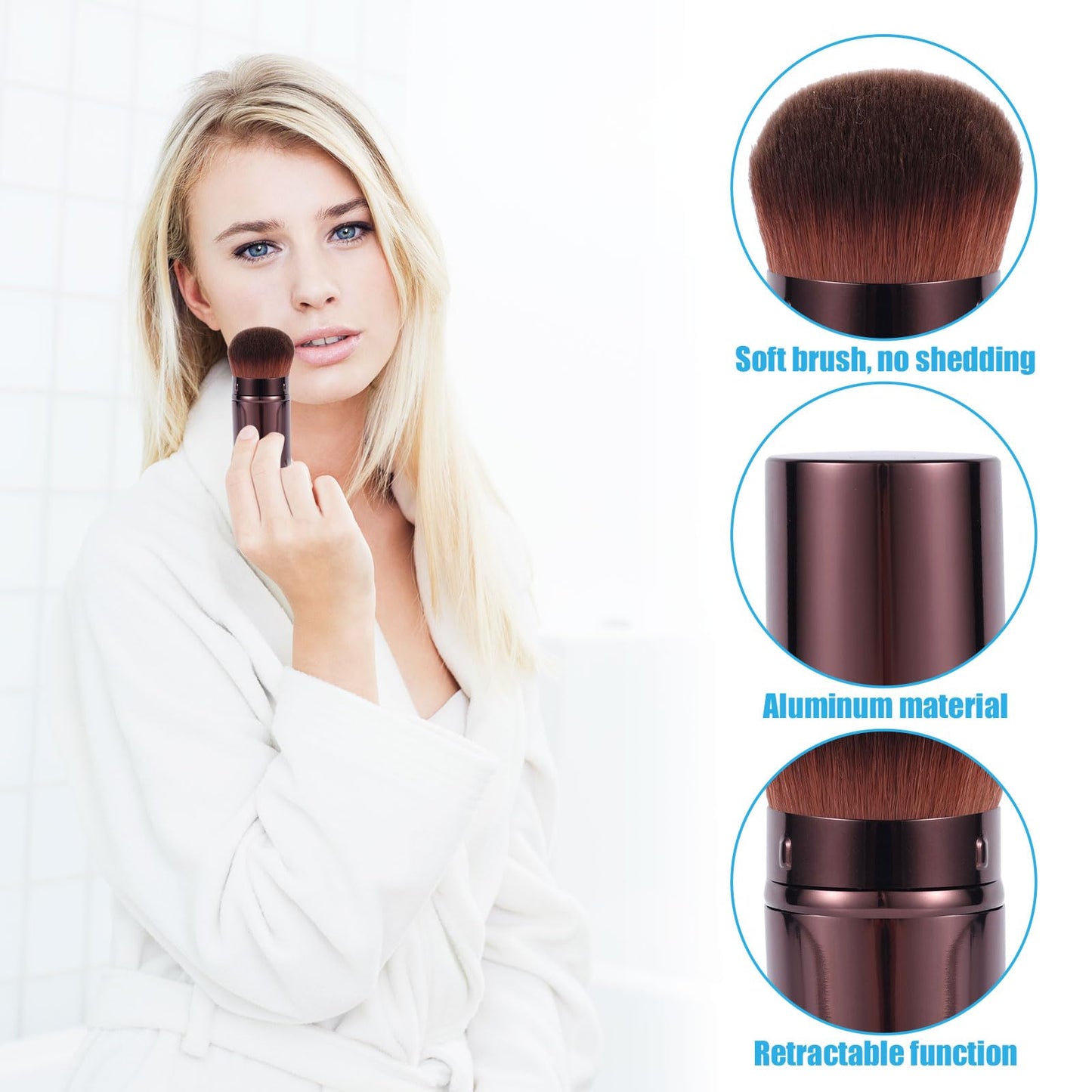 2pcs Travel Face Blush Brushes, Retractable Makeup Brush Portable Foundation Sunscreen Brush for Blending Cosmetics(Coffee + Three-Color Hair)